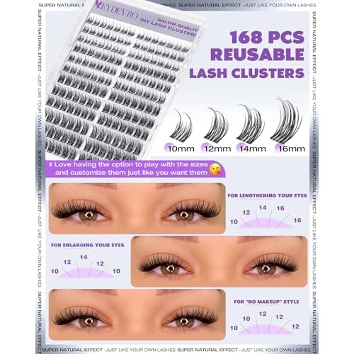 EYDEVRO Natural Lash Clusters Kit Wispy Eyelash Clutsers Kit 10-16mm Cluster Eyelash Extensions D Curl Lash Extension Kit Salon-quality Cluster Lashes at Home Lash Bond and Seal, Tweezers, Brush