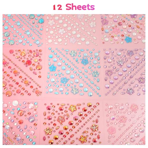12 Sheets Face Gems Jewels for Makeup Self Adhesive Rhinestones Gems Stickers for Face Nail Eyes Decor Bling Stick on Jewels for Christmas DIY Craft, Card Decorations