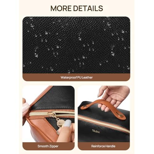 Telena Leather Make Up Bag Portable Travel Makeup Bag Waterproof Cosmetic Bags for Women Large Capacity With Handle and Divider Open Lay Flat