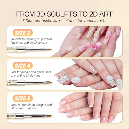 PANA 3D Kolinsky Nail Art Brush - Gold Glitter Handle, Size 4 - Acrylic Nail Art Sculpture Brush for Manicures Pedicure Salon Professional or Beginner