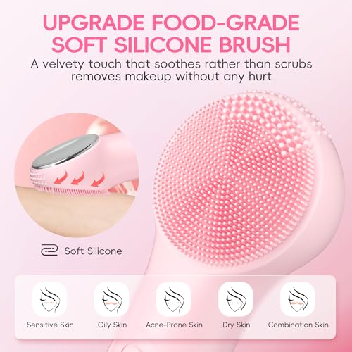 Facial Cleansing Brush, 2 in 1 Rechargeable Silicone Face Scrubber with Heat Massage Head, Electric Vibrating Exfoliating and Massaging, Waterproof Face Cleanser for Women and Men (Pink)