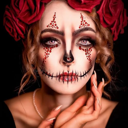 2 Pack Red Face Gems Jewels Tattoos for Halloween,Day of the Dead Skull Rhinestone Temporary Face Tattoo Stickers for Women Men Cosplay Makeup Outfit