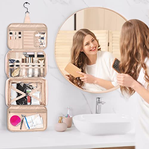 Hanging Travel Toiletry Bag for Men, Large Makeup Bag for Women, Water-resistant PU Leather Dopp Kit Shaving Bag For Full Sized Toiletries,Cosmetics Travel Organizer for Accessories (pink)