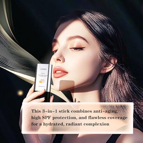 3 In 1-Luxury Anti-Wrinkle Foundation Stick SPF 50+ with Brush, Hydrating Non-Sticky Matte Foundation Stick, Travel Size Defense Face and Body Sunscreen Lotion, Medium Color, 1.42 Fl Oz