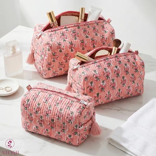 ATOSII Set of 3 100% Cotton Handblock Print Quilted Toiletry Cosmetic Makeup Travel Bag for Women, Waterproof Inner Lining, Jewelry Essentials Storage Case, Toiletries Pouch Purse, Peach Aura