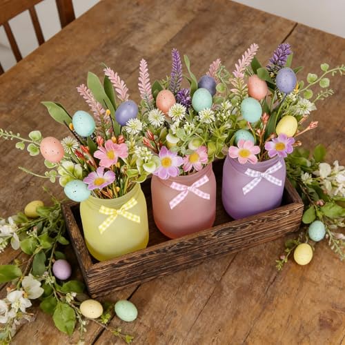 3 Pack Easter Mason Jar Floral Table Centerpiece Tiered Tray Decor with Wood Tray Artificial Easter Egg and Spring Daisy Flowers Plants for Farmhouse Home Kitchen Bathroom Decor