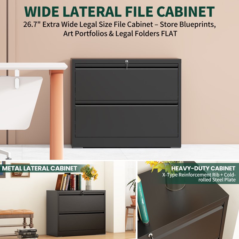 2-Drawer Lateral File Cabinet with Lock - Metal Office Storage for Letter & Legal Files