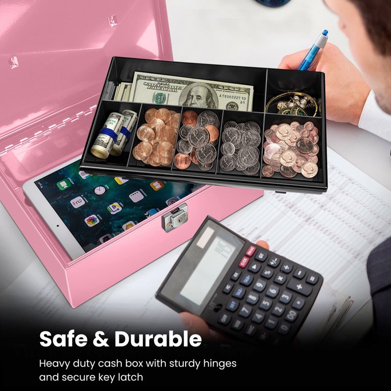 Pink Metal Cash Box with Lock & 7-Compartment Money Tray - Secure Storage for Small Businesses
