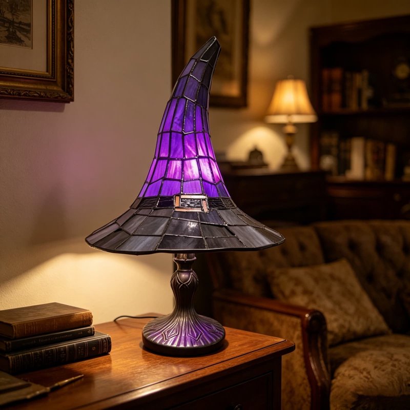 Halloween Witch Hat Lamp with LED Night Light - Gothic Decor for Shelf & Mantel