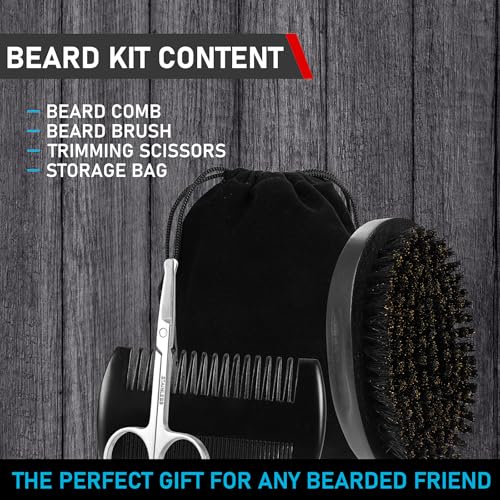 PHOGARY Beard Brush for Men, Beard Grooming Kit for Men Including Pure Boar Bristle Beards Brush Mustache Comb Scissors Travel Storage Bag