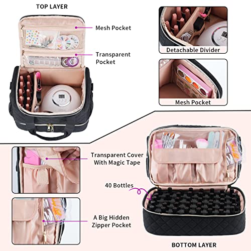 Nail Polish Organizer Case Fits Nail Lamp and 50 Bottles,Nail Organizers and Storage for Nail Tech Travel,Pretty Nail Polish Storage Bag Fits Nail Kit & Manicure Tools (Patented)-Black