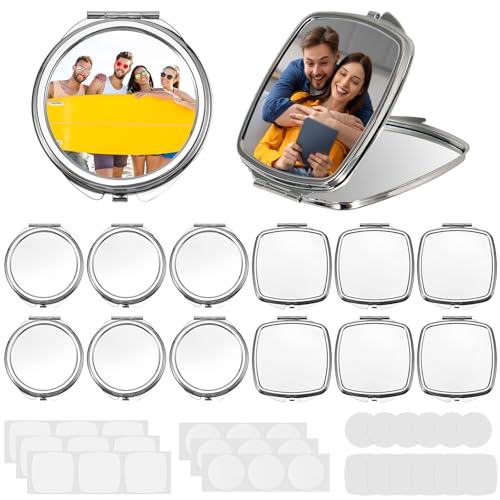 12 Sets Sublimation Blanks Compact Mirror Bulk,Double Sided Folding Pocket Makeup Mirror, Round/Square Handheld Mirrors for Purse, DIY Heat Transfer Crafts Supplies