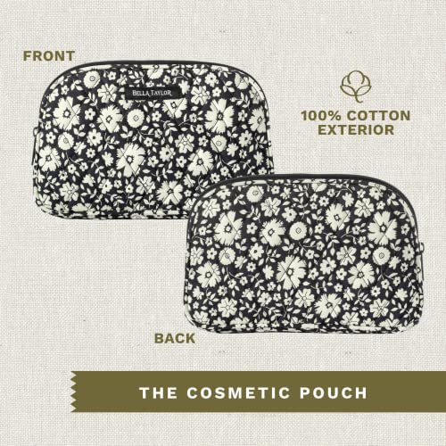 Bella Taylor Large Quilted Cotton Makeup Pouch for Women, Travel Cosmetic Bag, Quilted Cotton Bicolor Floral Black and Cream