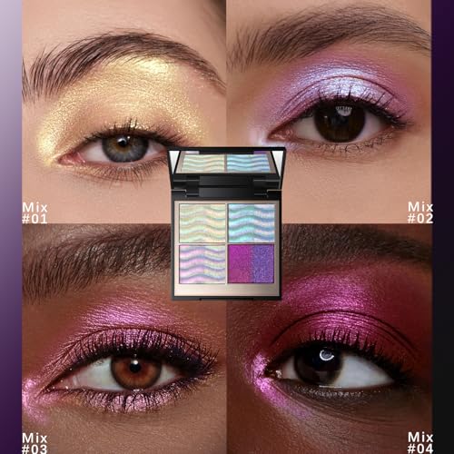 Duochrome Holographic Glitter Eyeshadow Palette, Chameleon Mermaid Blue Pink Plum Purple Double Color Shift iridescent Inner Corner Eye Face Highlighter Smooth Shimmer Eye Shadow Makeup
