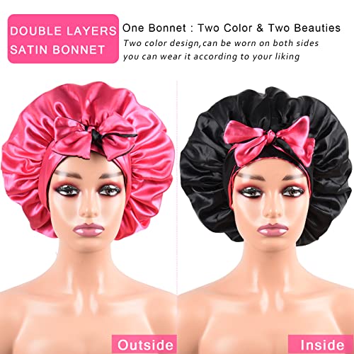 Satin Bonnet with Tie Band Adjustable Silk Bonnet Sleep Cap for Braids double layer with Tie for Sleeping (Hot Pink +Black)