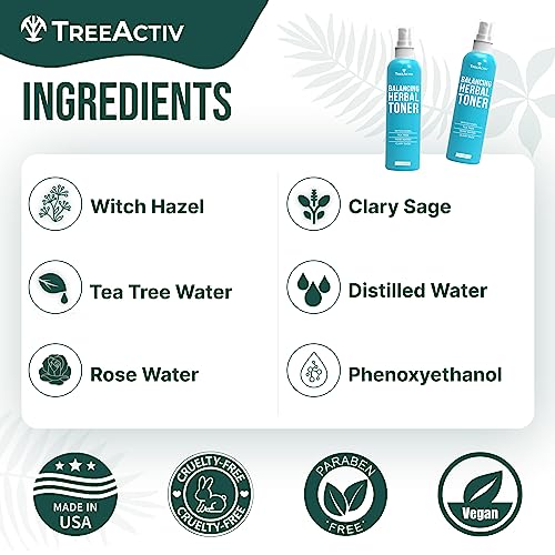 TreeActiv Balancing Herbal Toner | Facial Skin Moisturizer | Witch Hazel | Rose Water | Clary Sage | Tea Tree | Natural Astringent | Alcohol-Free | Reduce Oily Face Acne | Men, Women, Teens | 4 fl oz