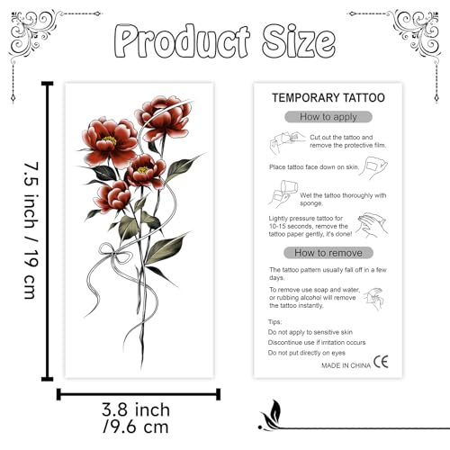 Cerlaza Temporary Tattoos for Women Adult, Realistic Flowers Half Arm Sleeve Tattoo, Waterproof Fake Tattoos, Semi Permanent Sexy Red Flower Tattoo Long Lasting-12 sheets