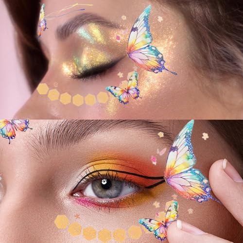 20 Sheets Glitter Fairy Makeup Tattoo Kit, Fairy Face Gems Accessories for Women Butterfly Face Temporary Tattoos Stickers for Eyes Princess Rave Party Favors Gifts