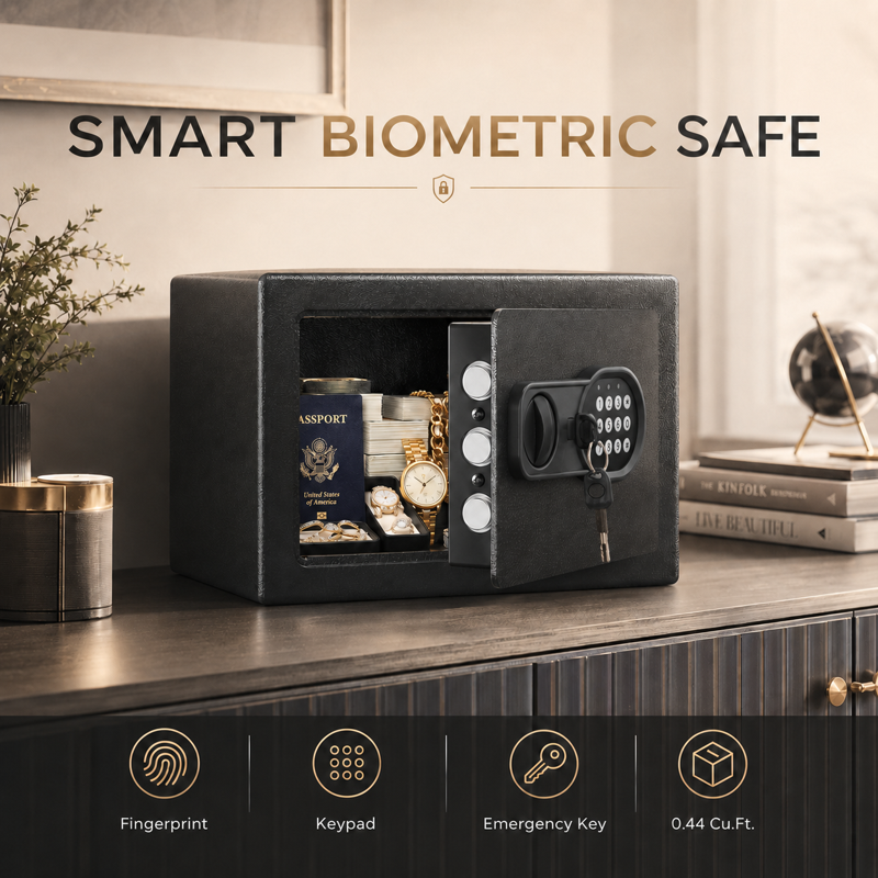Biometric Security Safe Box 0.44 Cu Ft with Electronic Keypad Wall Mount & LED Light