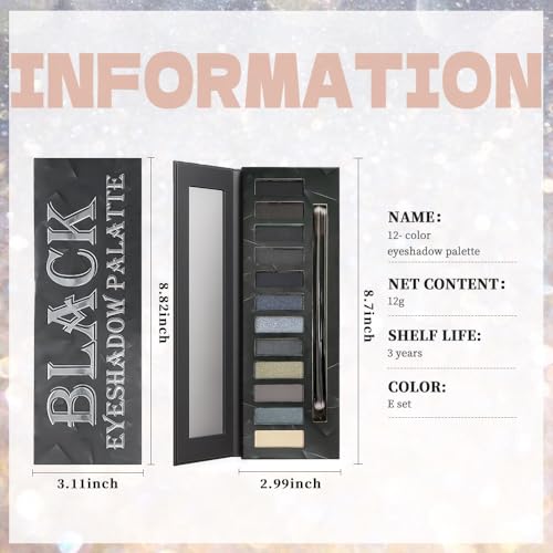 12 Colors Cool Tone Smoky Eyeshadow Palette with Mirror & Brush, Matte & Shimmer Beige Grey Black Dark Eye Makeup Palette for Women Longwear, Highly Pigmented Blendable Shades for Dramatic Smoky Looks
