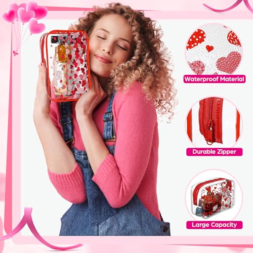 12 Pcs Valentine's Day Makeup Bags Heart Cosmetics Bag PVC Clear Portable Goodie Bags Organizer 7 x 4.3 x 2.4 '' Travel Zippered Toiletry Carry Pouch for Valentine¡®S Day Women Gift