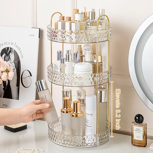 Rotating Makeup Organizer for Vanity, 3 Tier Perfume Skincare Storage for Women, Bathroom Counter Organizer, 360 Spinning Cosmetic Holder for Dresser Countertop, Clear