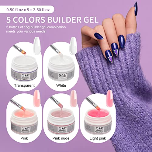 X&D Poly Gel Nail Kit Polygel Quick Dry Natural Clear Polygel 5 Colors Nail Extension Balance Builder with Dual Forms, Brush with Spatula, Professional File and Buffer Set