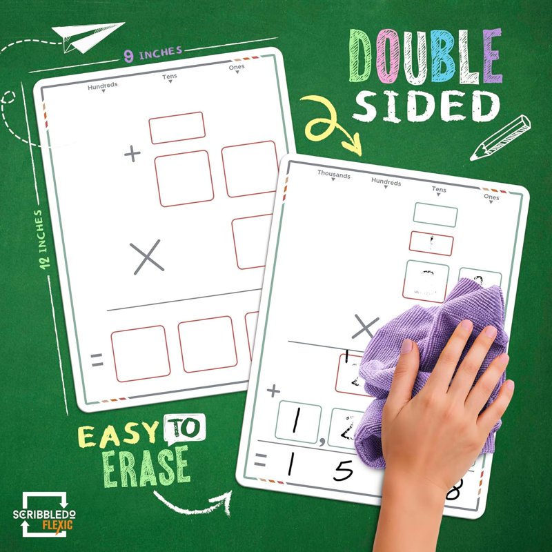 Double-Sided Dry Erase Sheets for Multiplication Practice - 9” x 12”, 10-Pack