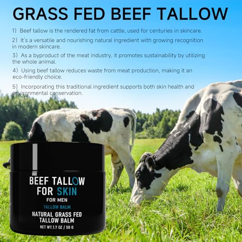 Beef Tallow for Skin, Beef Tallow Skin Care for Men, Mens Skincare Moisturizer for Face Neck Deeply Nourishing, Unscented Original Tallow Face Moisturizer for Men, 3.4 oz