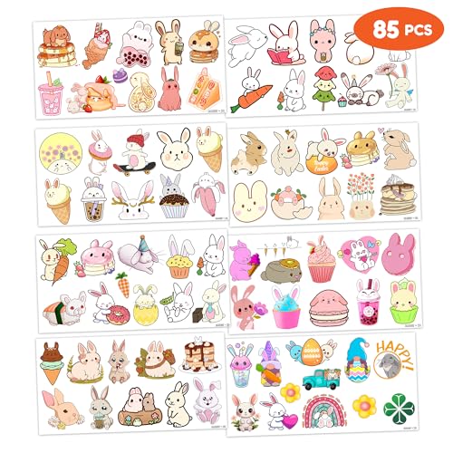Bunny Temporary Tattoos 8 Sheets 85PCS Rabbit Bunny Party Decorations Favors Supplies Easter Bunny Theme Birthday Cute Tattoo Stickers Christmas Gifts for Boys Girls Kids Class School Prizes Carnival
