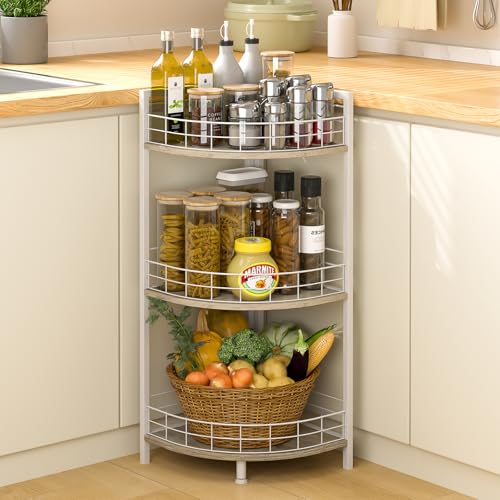 Bathroom Standing Shelf, 3 Tier Free-Standing Shelf Units, Open Floor Shelves, Triangular Curved Corner Shelf Stand for Small Space, Ideal for Bathroom,Kitchen,Vanity Storage and Organizer