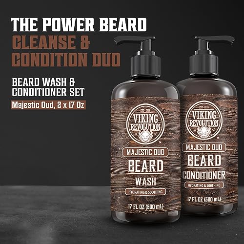 Viking Revolution Beard Wash and Beard Conditioner for Men with Argan Oil and Jojoba Oil - Beard Softener and Strengthener Beard Care Beard Shampoo and Conditioner with Beard Oil (17oz, Majestic Oud)