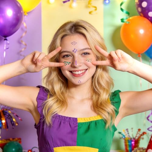 Mardi Gras Face Gems Self-Adhesive Face Jewels Stickers for Makeup, Green Purple Gold Festival Glitter for Mardi Gras Rave Accessories Hair Gems, Rhinestone Stickers for Face, Eye, Makeup, Body