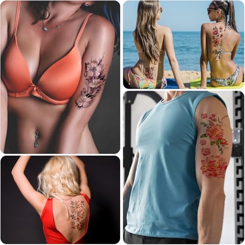 21 Sheets Large Temporary Tattoos Flower Paper Sexy Body Tattoo Sticker for Women & Girl Fake Tattoo (Lily, Peach, Plum, Peony)