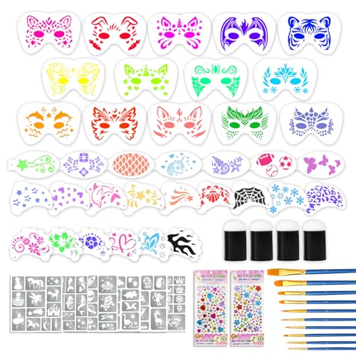 58 Pieces Face Paint Stencils and Brushes Kit, Incledes 36 Reusable Facial Painting Stencils, 6 Sheets Tattoo Stencil Stickers, 10 Brushes, 2 Pack Adhesive Gems, 4 Sponges for Party Festival Makeup