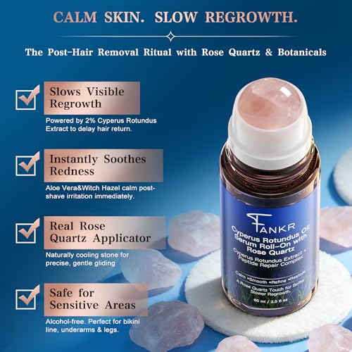 Cyperus Rotundus Oil Serum Roll-On with Rose Quartz, Targeted Post-Hair Removal Care, Helps Reduce the Appearance of Regrowth Over Time, Non-Greasy, 60 ml