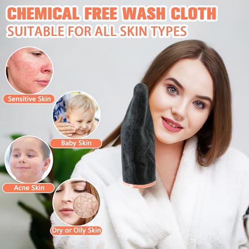 PHOGARY 8 Pack Microfiber Wash Mitts for Face Body, Super Soft Absorbent Coral Fleece Facial Cloths Bath Shower Mitt, Reusable Makeup Remover Washcloths, Black, 6x9in