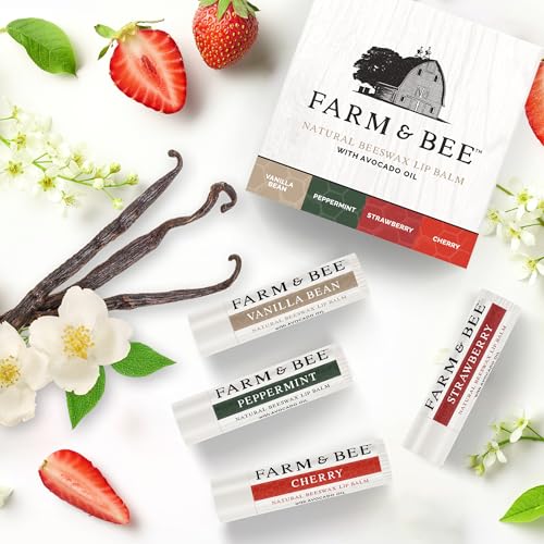 Natural Lip Balm ? Variety Pack - Organic & Natural Ingredients - Beeswax Based Lip Care Chapstick - Great Gift - Farm & Bee - 0.15oz (Pack of 4 - Vanilla Bean/Peppermint/Strawberry/Cherry)