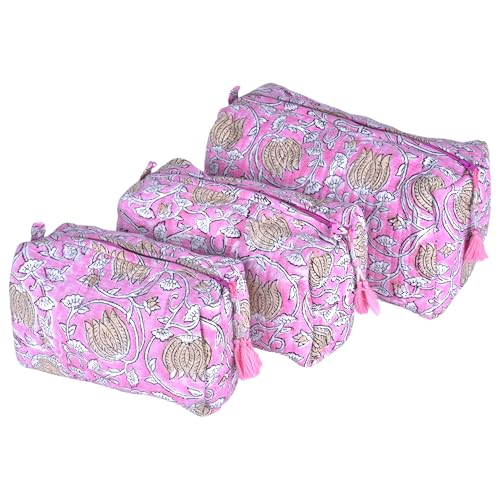 Quilted Floral Block Print Makeup Bag Set of 3 ? Cotton Travel Toiletry and Makeup Organizer, Cosmetic Pouch, Toiletry Bag for Women, Cute Boho Coquette Make Up Bags for Women (Small, Medium, Large)