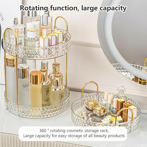 360¡Æ Rotating Cosmetic Display Case, 2-Tier Large Capacity Makeup Organizer for Bathroom Counter or Vanity, Clear White Acrylic Storage Rack for Skincare, Perfume and Beauty Essentials