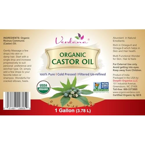 Verdana Organic Castor Oil ? Cold Pressed, Bulk 1 Gallon, Professional Grade for Hair, Skin & Cosmetic Use