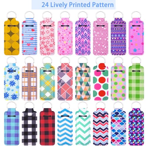 Duufin 24 Pieces Chapstick Holder Keychains Bulk Lipstick Holder Keychians Lip Balm Holder with 24 Pieces Metal Clip Cords for Purse Backpack