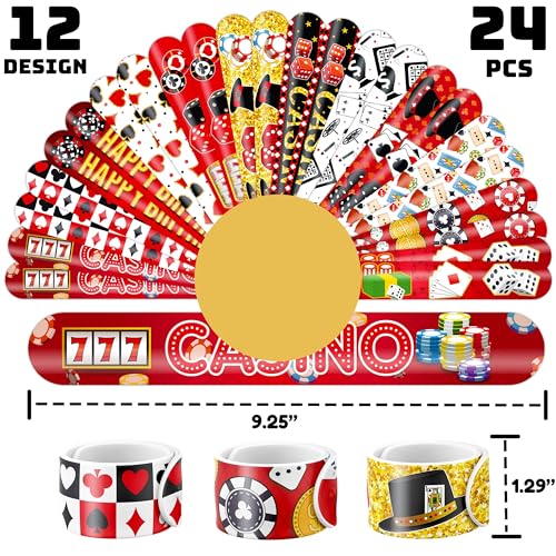 48PCS Casino Party Favors - 24PCS Temporary Pre - cut Tattoos & 24PCS Slap Bracelets - Fun Vegas-Themed Birthday Supplies, Baby Shower Gifts, Classroom Rewards & Party Decor for Kids (Boys & Girls)