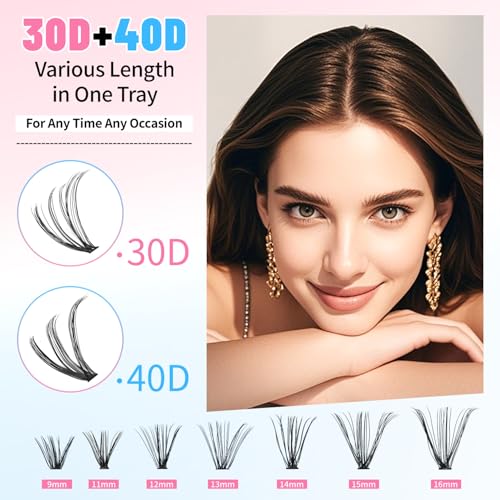 DIY Lash Extension Kit Volume Lash Clusters 30D+40D D Curl Individual 280 pcs Lashes Lash Clusters Kit Thick Eyelash Extension Kit Lash Bond Seal Lash Tweezers (300D&40D, Lash Kit)
