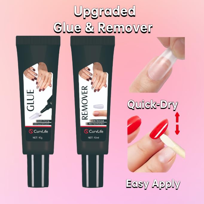 Curvlife Newly Upgraded Quick Drying 10g Semi Solid Nail Glue with 10ml Remover for Press On Nails Tips No Need for UV Lamp Long Lasting Fake Acrylic Nails Kit Glue Gel