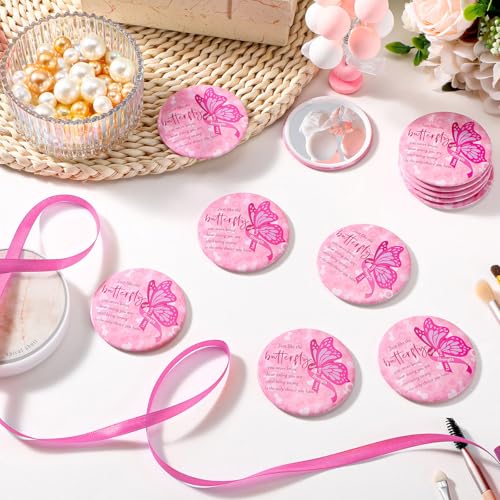 Pinkunn 100 Pcs International Women's Day Gifts Bulk for Woman Pink Inspirational Faith Compact Mirrors for Nurse Coworkers Motivational Cancer Awareness Small Pocket Travel Makeup Mirrors (Butterfly)