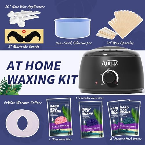 Waxing Kit for Women Men - Wax Kit for Hair Removal with Silicone Bowl,4 Bags Hard Waxing Beads and 30 Sticks - at Home Use Wax Warmer for Full Body, Bikini, Eyebrow, Face, Sensitive Skin