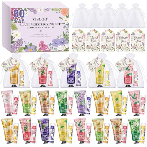 80 Sets Hand Cream and Lip Balm Bulk Set, Easter Basket Stuffers, Wedding Favors for Guests with Thank You Card Organza Bags, Mothers Day Gifts, Teacher Appreciation Gift, Nurse Gift