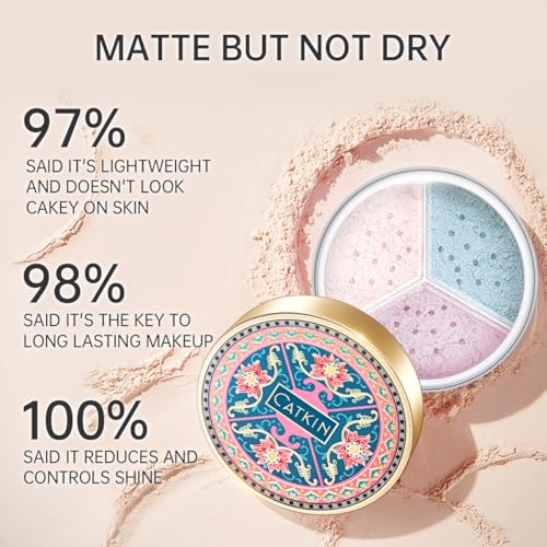 CATKIN Loose Setting Powder - Translucent Shimmer Finishing Powder, 3 Colors Even Skin Tone, Oil Control Makeup Pore Minimizing Powder with Velour Puff (0.42oz, C03 Shimmer for Dry Skin)