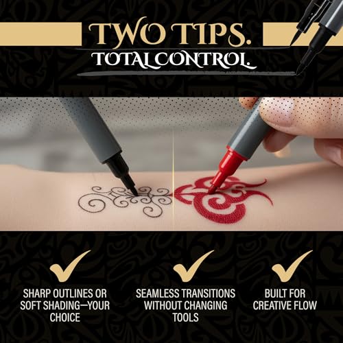 Tattoo Pen Kit for Skin ? 10 Temporary Tattoo Markers with Dual Tips & 20 Stencils, Body-Safe Ink for Face, Hands & Arms ? Fun Body Art Pens for Kids, Teens, Parties, Festivals & Costume Design